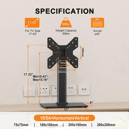 XINLEI Universal Swivel TV Stand Base Table Top TV Stand for 17-43 Inch TVs Height Adjustable Monitor Mount Stand, Holds up to 88lbs, Max VESA 200x200mm, TS205