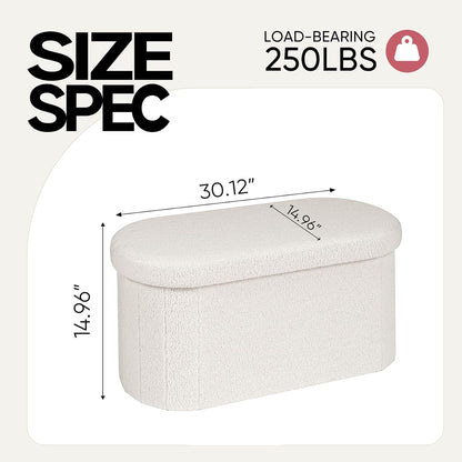 30 Inches Oval Ottoman with Storage, Boucle Sherpa Storage Ottoman Bench, Folding Foot Rest Chest for Bedroom Living Room