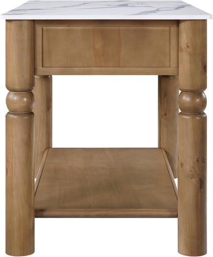 Christopher Knight Home Athen Wooden Kitchen Island with Storage & Marble-Look Tabletop, Island Table for Kitchen, Turned Ball Legs, Storage Cabinet with Drawers + Open Shelf, Walnut + White