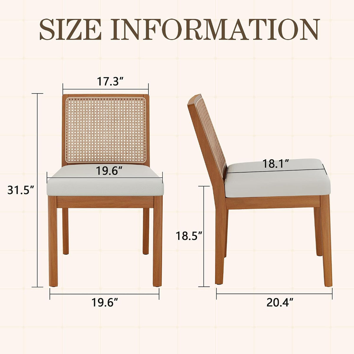 Andeworld Farmhouse Natural Rattan Dining Chairs Set of 6, Upholstered Mid Century Modern Kitchen Dining Room Side Chairs, Armless Faux Leather Kitchen Chairs with Wood Frame, Beige