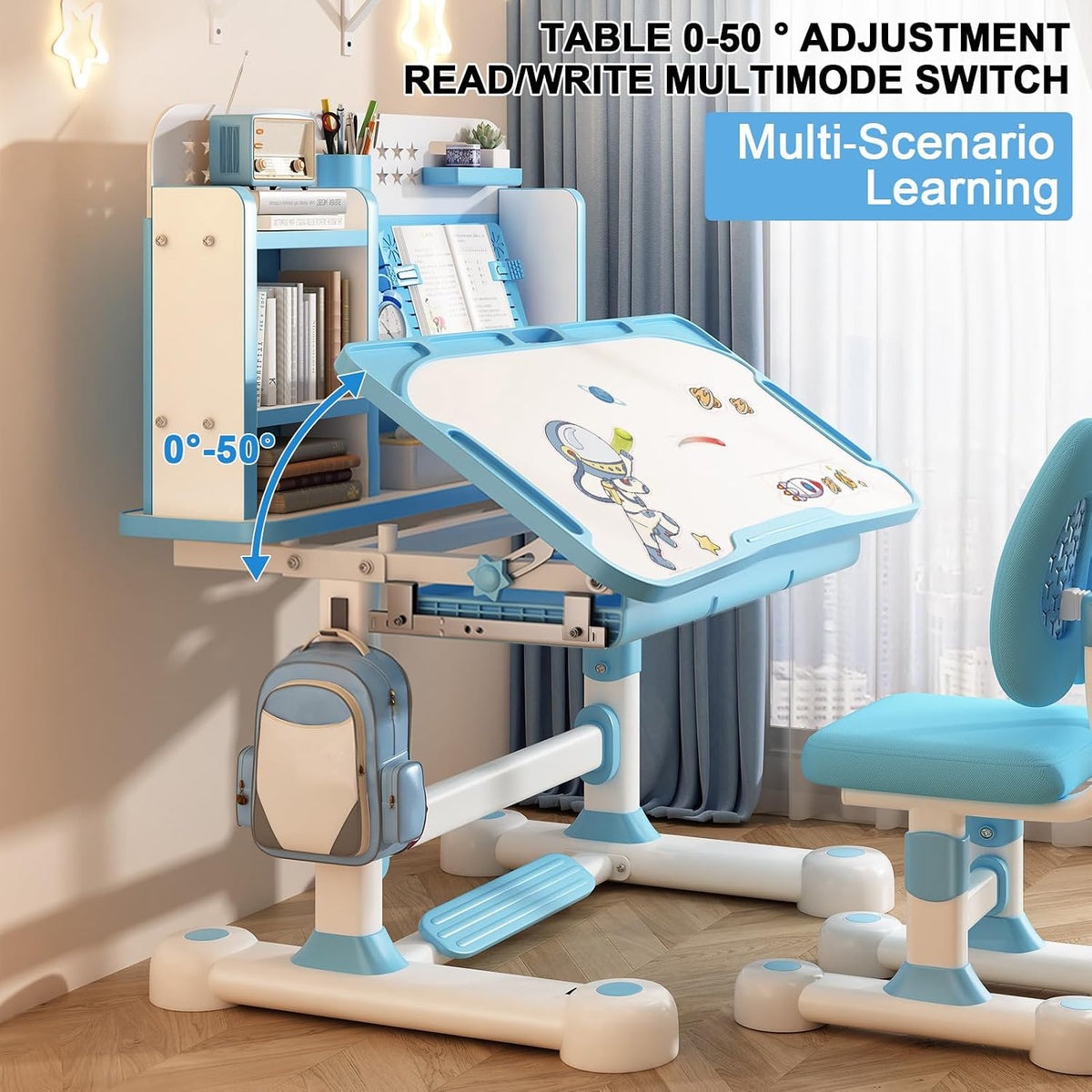Kids Desk and Chair Set, 46" Study Desk with Bookstand & Storage | Adjustable Height Ergonomic Student Desk with Posture Corrector, Footrest for Children's Room (Pink, Blue) (Blue)