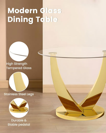 38.9" Round Glass Dining Table for 2-4, Modern Glass Dining Room Table with Tempered Glass Top & Stainless Steel Legs, Round Kitchen Table for Small Space, Apartment(Gold)