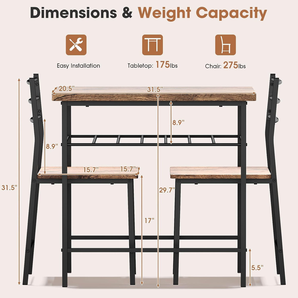 Fenbeli 3 Piece Dining Table Set - Small Kitchen Table & Chair Sets for 2, Breakfast Table Set w/Steel Frame, Built-in Storage Rack for Dining Room, Living Room, Apartment (Brown, Small)