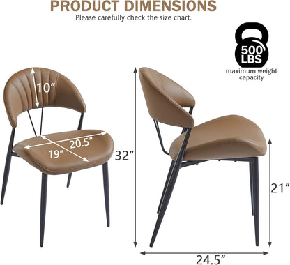 PU Leather Dining Chairs Set of 6, Mid Century Modern Dining Chairs with Stitching, Upholstered Kitchen & Dining Room Chairs with Curved Back and Black Metal Legs (Brown)