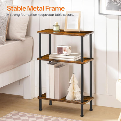 HOOBRO Narrow Side Table, 3-Tier Slim End Table No Tools Needed, Twist-On Assembly, Skinny Nightstand Sofa Storage Shelf for Living Room, Bedroom, Study, Rustic Brown and Black BF246BZ01N1