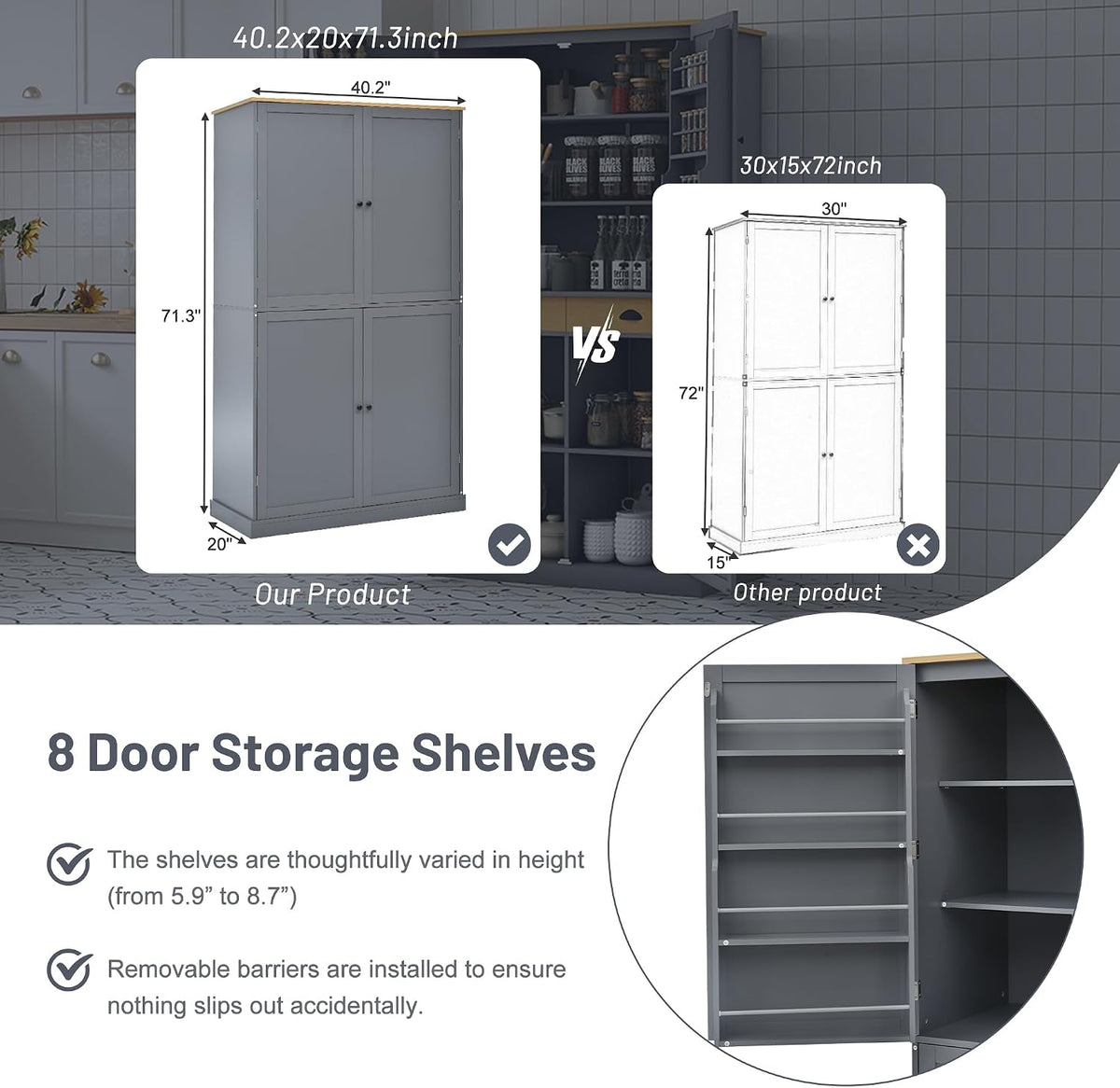 Freestanding Kitchen Pantry Cabinet with Adjustable Shelves and 2 Drawers Freestanding Cupboard with 8 Door Shelves Farmhouse Tall Kitchen Pantry, Grey