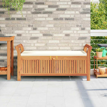 Gecheer Garden Storage Bench with Cushion, Solid Wood Acacia 126 cm Outdoor Seat with Storage Space for Patio Garden Backyard