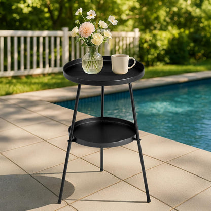 2-Tier Round End Table,Small Side Table Round Metal Coffee Tables Nightstand for Small Spaces Indoor Outdoor and Living Room Bedroom or Office, Black