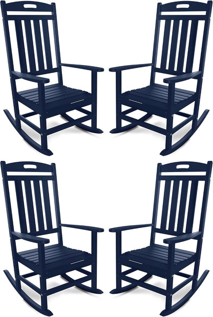 Outdoor Rocking Chair Set of 4, All-Weather Resistant Poly Lumber Rocker Chair Outdoor, High Back Plastic Patio Rocking Chairs for Outside Porch Rocker Garden Lawn, Navy Blue