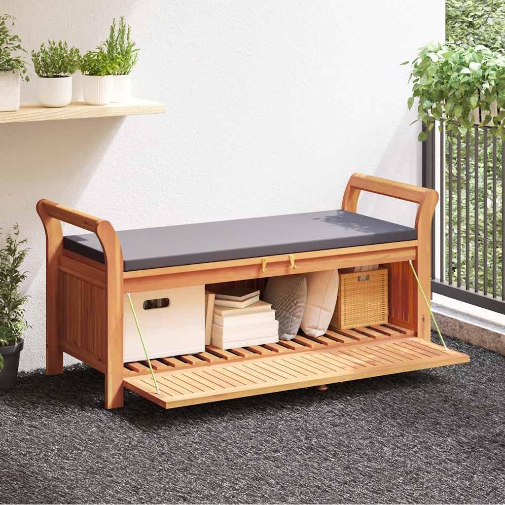 Outdoor Storage Bench with Cushion 49.6 Inch Acacia Wood Garden Seating Organizer for Patio Deck Backyard Gray