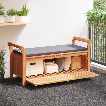 Outdoor Storage Bench with Cushion 49.6 Inch Acacia Wood Garden Seating Organizer for Patio Deck Backyard Gray