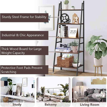 Tangkula Ladder Shelf (Set of 2), 5 Tier Industrial Bookcase, Multifunctional Display Bookshelf, Wooden Look Plant Flower Stand with Metal Frame, Decor Furniture for Home Office
