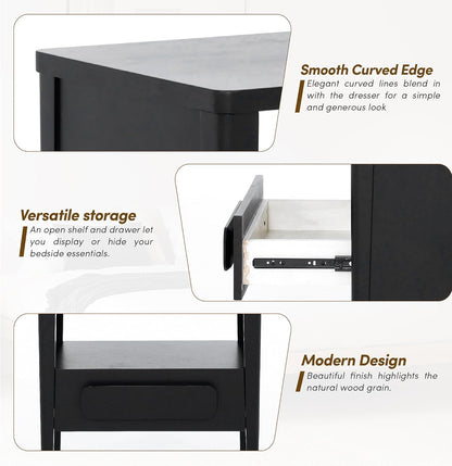 Modern Nightstand, Sustainable Hevea Premium Solid Wood Frame - Bedside Table - End Table with Ball Bearing Slide - Drawers Real Wooden Cabinet Organizer for Bedroom (Midnight Charcoal)