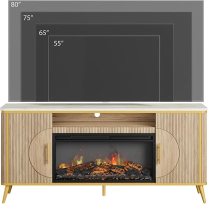 Fluted Fireplace TV Stand Up to 80" TVs, Modern Entertainment Center with 30" Electric Fireplace, Luxury Media Console with Adjustable Shelves for Living Room, Nature Oak