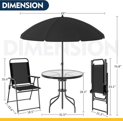 Shintenchi 6 Piece Patio Dining Set with Umbrella, Outdoor Furniture Set with 4 Folding Chairs and Tempered Glass Top Dining Table fot Lawn Backyard Garden Porch Black