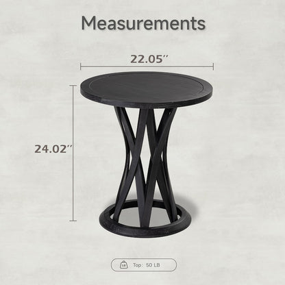 COZAYH Round Farmhouse End Table with Crisscross Pedestal Base, Distressed Finish Side Table Rustic Accent Table for Living Room, Pine Wood, Black