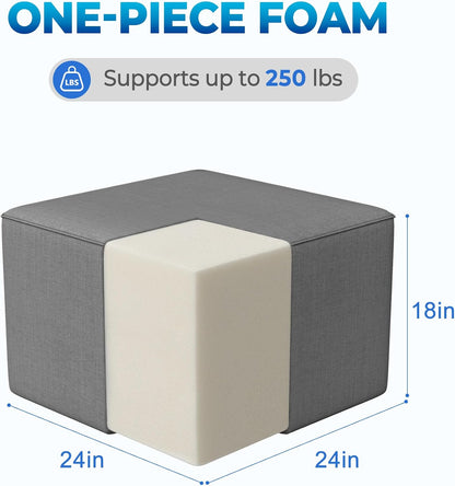 Living&Giving Square Outdoor Ottoman Pouf, 24 Inch Waterproof Patio Ottoman Foot Rest with Solid High-Density Foam, Comfy Floor Footstool for Outside Couch & Seating, Dark Gray
