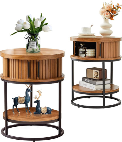 Turtle&Myrtle Small Round Side Table with Storage, 2-Tier Wooden End Table with Sliding Door and Shelf, Mid-Century Circle Nightstand for Living Room, Bedroom, Walnut, 2PC