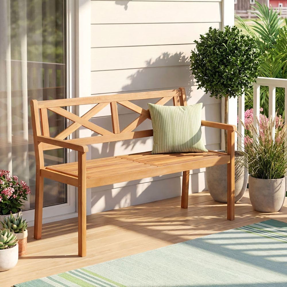2-Person Acacia Wood Garden Chair Armrests Backrest 44in Seat Width 800lb Capacity for Patio