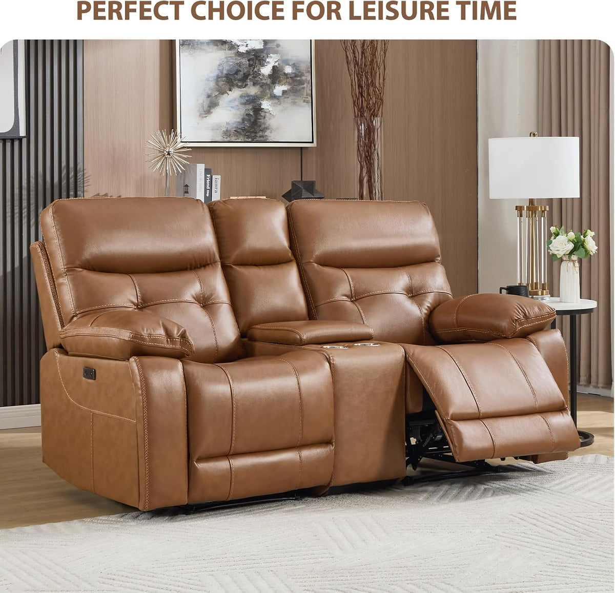 CANMOV Genuine Leather Power Recliner Loveseat, 2 Seat Loveseat Reclining Sofa with Storage Console,Hidden Cup Holders,Modern Electric Recliner Couch Set for Living Room, Bedroom,Brown