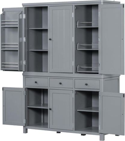 Harper & Bright Designs Kitchen Pantry Storage Cabinet with Door Shelves, Adjustable Shelves, Pull-Out Trays and Drawers, Freestanding Cupboard for Kitchen, Dining Room, Living Room,Grey
