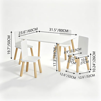 Table & 4 Chairs Set is for Boys Girls, 5-Piece Wooden Activity Table Set with Solid Wood Legs, Boys Girls Play Table & Chair Set for Drawing, Reading, Learning & Dining, White+Natural