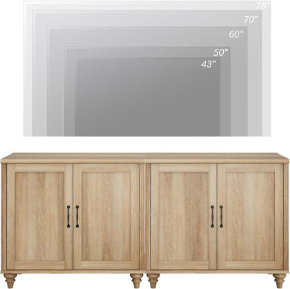 WAMPAT TV Stand for 75 inch TV with 4 Wood Doors, Oak | Farmhouse Wood Universal TV Stands with Storage Cabinets, Morden Entertainment Center TV Console Table