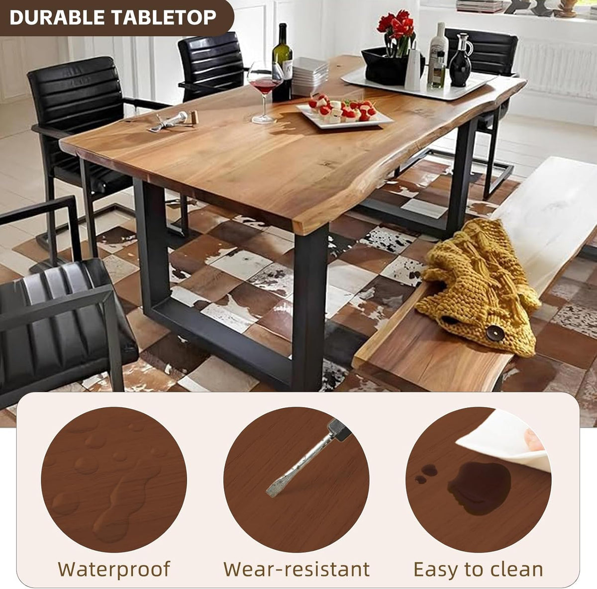 Industrial Solid Wood Dining Table,2" Solid Wood Top,Live Edge Style Kitchen Table for 4-8 People,Farmhouse Dining Room Table for Home, Restaurant or Coffee Shop