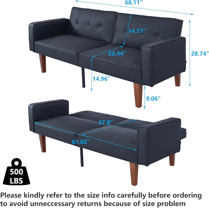 mikibama Convertible Futon Sofa Bed with Split Back,Mid Century Modern Sleeper Couch Beds,68.11" Futons for Living Room RV,Tufted Small Love Seat for 2 People Small Spaces (Black, 68.11")