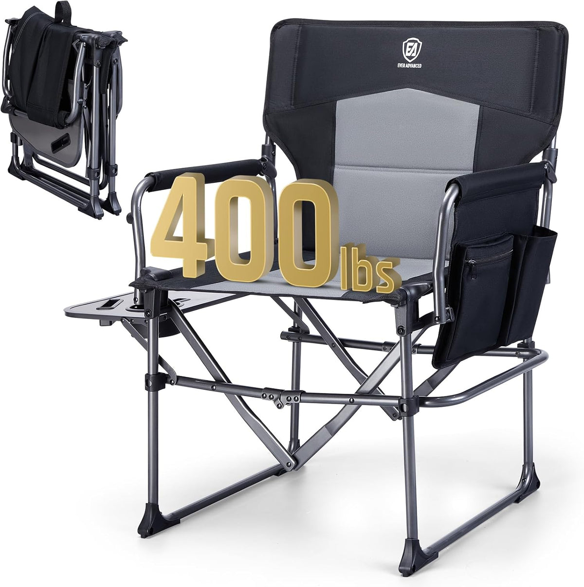 EVER ADVANCED Camping Directors' Chair with Side Table, Portable Folding with Compact Size, Heavy Duty Lawn Chair with Pocket for Camping, Lawn, Sports and Fishing, 400lbs, Black