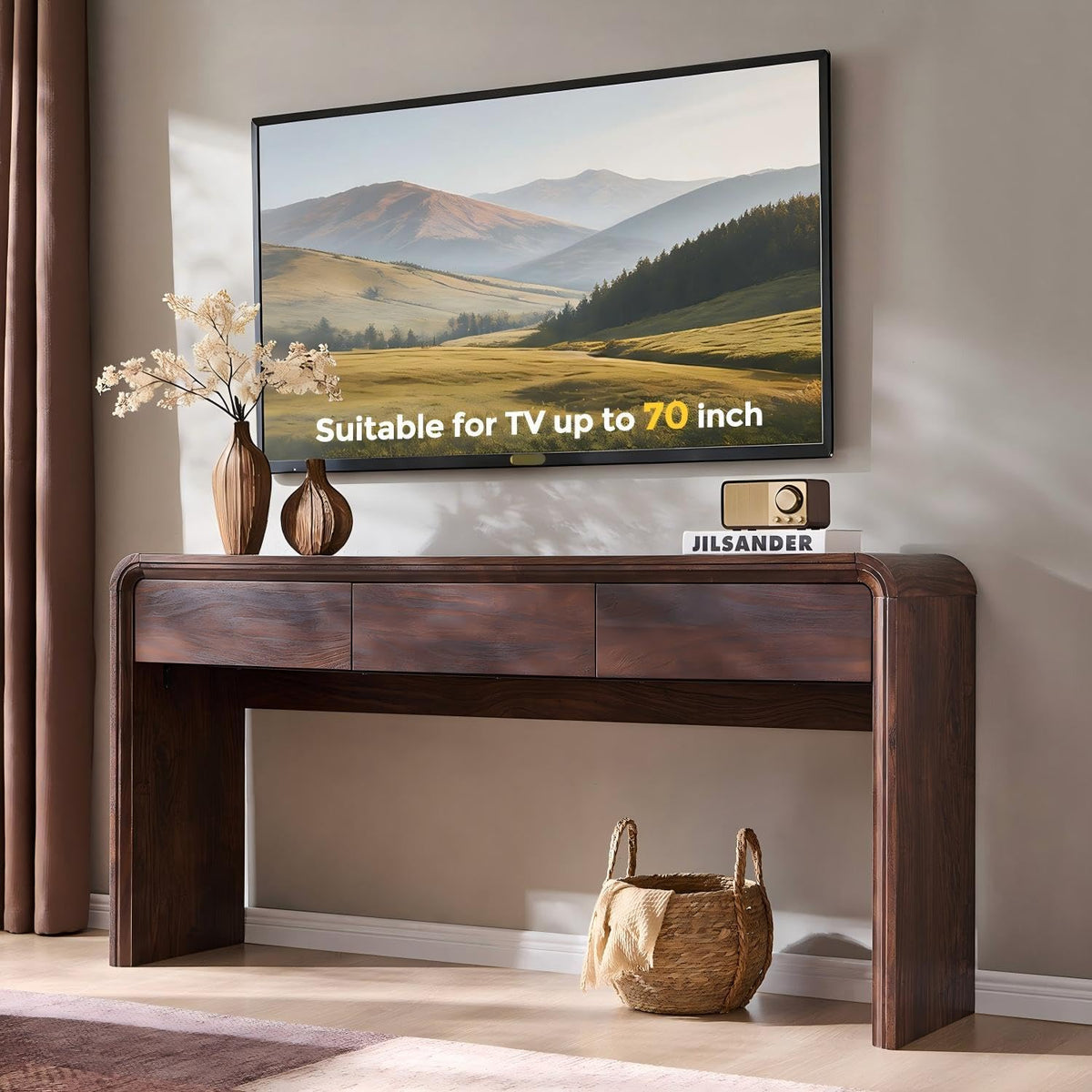 63" Console Table with 3 Drawers, Wood Entryway Table with Storage, Brown | Modern Behind Couch Table with Curved Profile Design, Narrow Long Sofa Table Behind Couch for Living Room, Hallway, Foyer