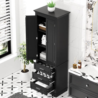 Merax 70" Pantry Cabinet with Two Doors & Three Drawer, Adjustable Shelves Storage Cupboard for Kitchen/Dining Room/Bathroom, Black