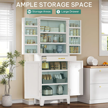 YITAHOME 71" Metal Kitchen Pantry Storage Cabinet with 4 Doors, 4 Adjustable Shelves, 1 Drawer and 8 Door Racks, Tall Freestanding Steel Cupboard for Home Kitchen Living Dining Room, White
