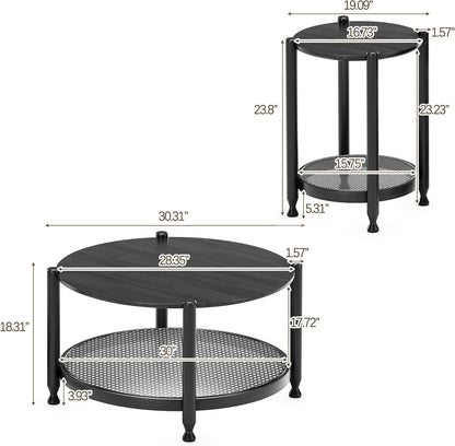 Farmhouse Round Nesting Coffee Table Set of 2, Solid Wood Round Coffee Table and End Table Set with Woven Rattan Storage Shelf, Black