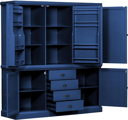 Merax 73''H Freestanding Wooden Kitchen Pantry Storage Cabinet, Organizers with 2 Upper & 2 Bottom Cabinets & 4 Drawers & 8 Adjustable Shelves, Anti-Tipping Device Cupboard for Dining Room, Blue