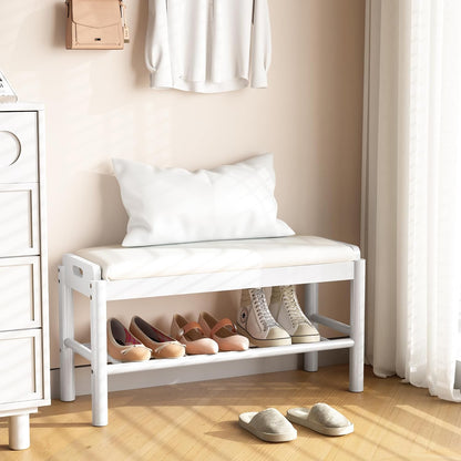 Shoe Storage Bench with Cushion - 2 Tier Shoe Rack for Front Door Entrance, Wood Shoes Rack, Entryway Bench with Shoes Storage for Closet,Hallway,Bedroom&Living Room(White, 31.5" W)