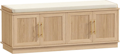 Akxomel Fluted Shoe Storage Bench with Cushion, 47.2" Entryway Bench with Adjustable Shelves and 4 Doors, Shoe Cabinet Bench with Curved Profile, for Hallway, Living Room, Bedroom, Natural Oak