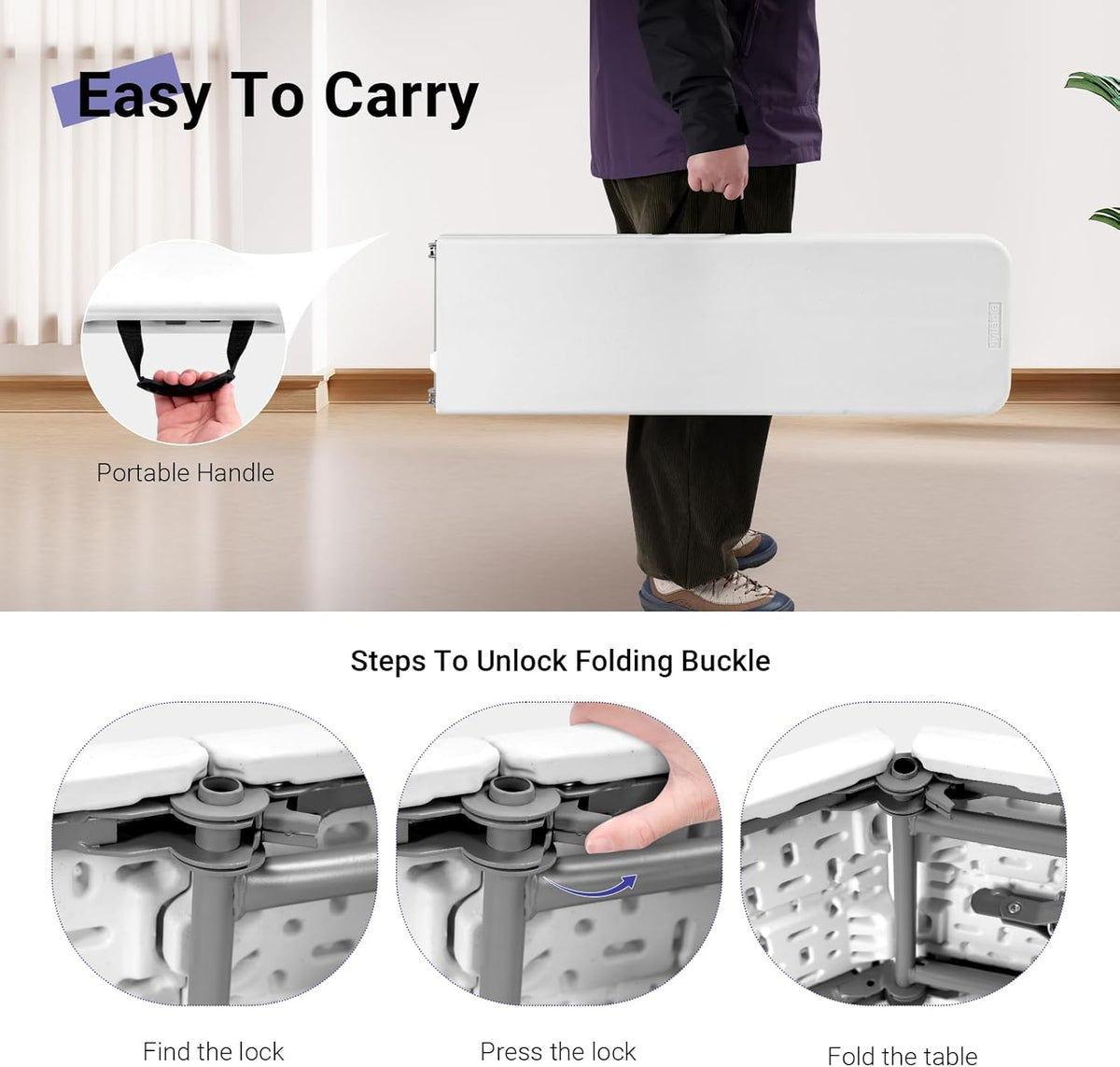 Byliable Folding Bench 6ft,Portable Plastic Bench Seat with Handle,White | Heavy Duty HDPE,Powder-Coated Steel Legs,Strong Weight Support,Indoor Outdoor for Parties,Gatherings,Dining,Camping,Events