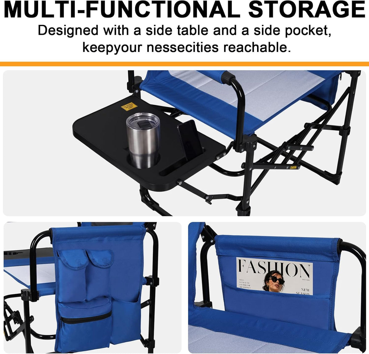 2 Pack Directors Chair with Side Table, Heavy Duty Folding Camping Chair for Adults, Portable Sports Chair with Cup Holder & Side Pocket, Compact Outdoor Chair Supports 400lbs, Blue