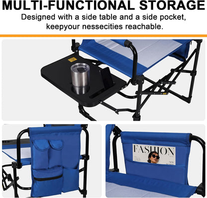 2 Pack Directors Chair with Side Table, Heavy Duty Folding Camping Chair for Adults, Portable Sports Chair with Cup Holder & Side Pocket, Compact Outdoor Chair Supports 400lbs, Blue