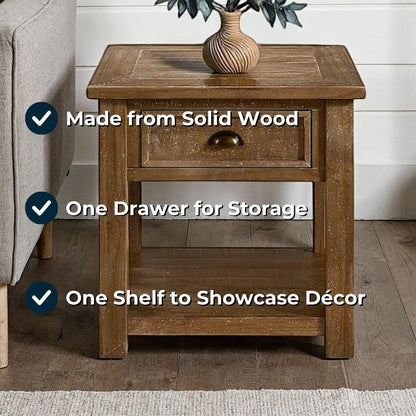 Monterey Farmhouse Rustic End Table, Solid Pine Wood Coastal Side Table with Drawer and Shelf. Driftwood.