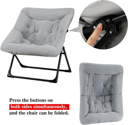 Comfy Saucer Chair for Adults, Set of 2, Soft Faux Fur Bedroom Chair, Accent Dorm Chairs, Flexible Living Room Reading Chairs, Oversized Folding Seat for Teens, X-Large, Grey