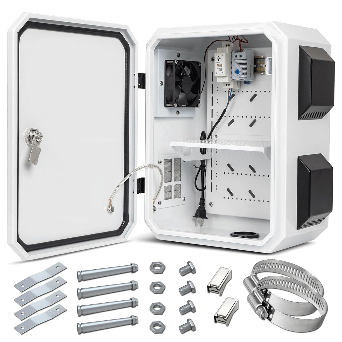 Outdoor Electrical Box with Thermostat and Fan, Cold-Rolled Steel Plate, Aluminum Alloy Back Beam, One-Piece Ventilation Design, IP65 Waterproof, Wall/Pole Mounted. (15.7" x 11.8" x 7.9")