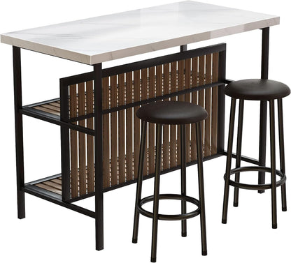 Recaceik 3 Piece Pub Set, Rectangular 2 Bar Stools, Faux Marble Dining Room Set of 2, Modern Counter Height Table with Storage, Kitchen Island with Seating, White
