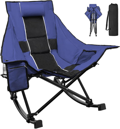 Slendor Oversized Rocking Camping Chair, High Backrest Folding Chair, Blue | 37" Wide, 330lbs | Smooth U-Shape Rocking Base | 600D Oxford, Removable Pillow | Side Pocket, Carry Bag, Quick-Fold