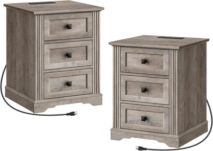 RALGEND Nightstand Set of 2, Night Stand with 3 Drawers, 18 Inch Wide End Table with Charging Station, Farmhouse Nightstand, Bedside End Tables Living Room, Bedroom, Greige