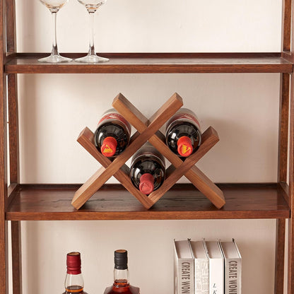 Solid Oak Wine Rack Countertop, 4 Bottle Tabletop Wine Holder - No Assembly Free Standing Wood Display for Kitchen, Bar, Office, Living Room | Walnut