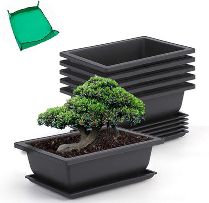 GROWNEER 6 Pack 9 Inch Bonsai Pots with Drainage Humidity Trays, Bonsai Tree Training Kits with 1 Repotting Mat, Rectangle Planter Plants Container Growing Pot for Garden Outside Indoor