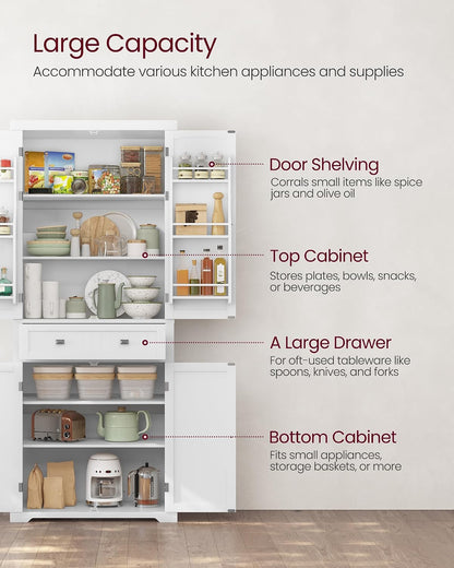 VASAGLE Pantry Cabinet, 71.7-Inch High Freestanding Tall Cupboard Storage Cabinet with a Drawer, 2 Cabinets, 4 Adjustable Shelves, 6 Door Shelves, for Living Room, Kitchen, White UBBC561P31V2