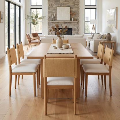 CIMOTA Modern Dining Chairs Set of 6, Mid Century Upholstered Dining Room Chairs with Woven Back, Armless Kitchen Chairs with Natural Solid Wood Legs, Linen Beige
